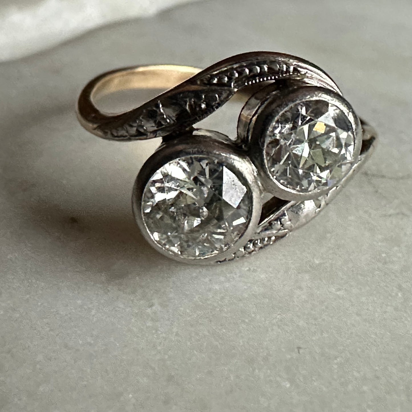 Edwardian “Toi et Moi” Diamond Ring — Platinum over Gold, c. 1910 — Size 7.5