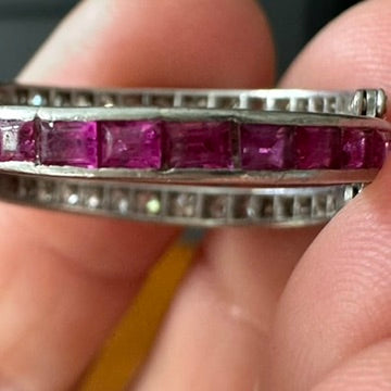 2. Art Deco Platinum Bypass Ring | Size 9 | Diamond, Sapphire & Ruby Calibre-Cut Band | Vintage Cocktail Ring