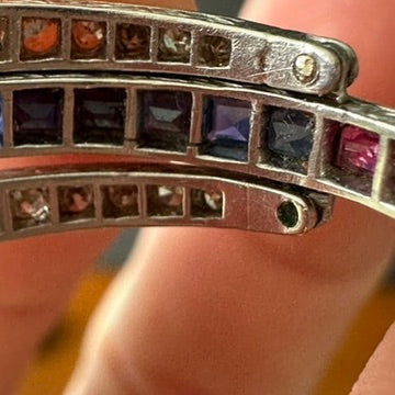 2. Art Deco Platinum Bypass Ring | Size 9 | Diamond, Sapphire & Ruby Calibre-Cut Band | Vintage Cocktail Ring