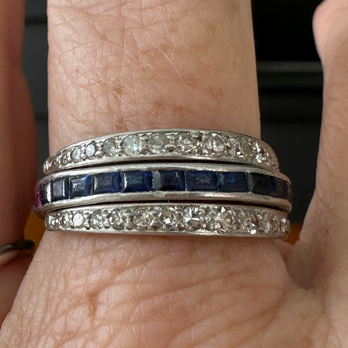 2. Art Deco Platinum Bypass Ring | Size 9 | Diamond, Sapphire & Ruby Calibre-Cut Band | Vintage Cocktail Ring