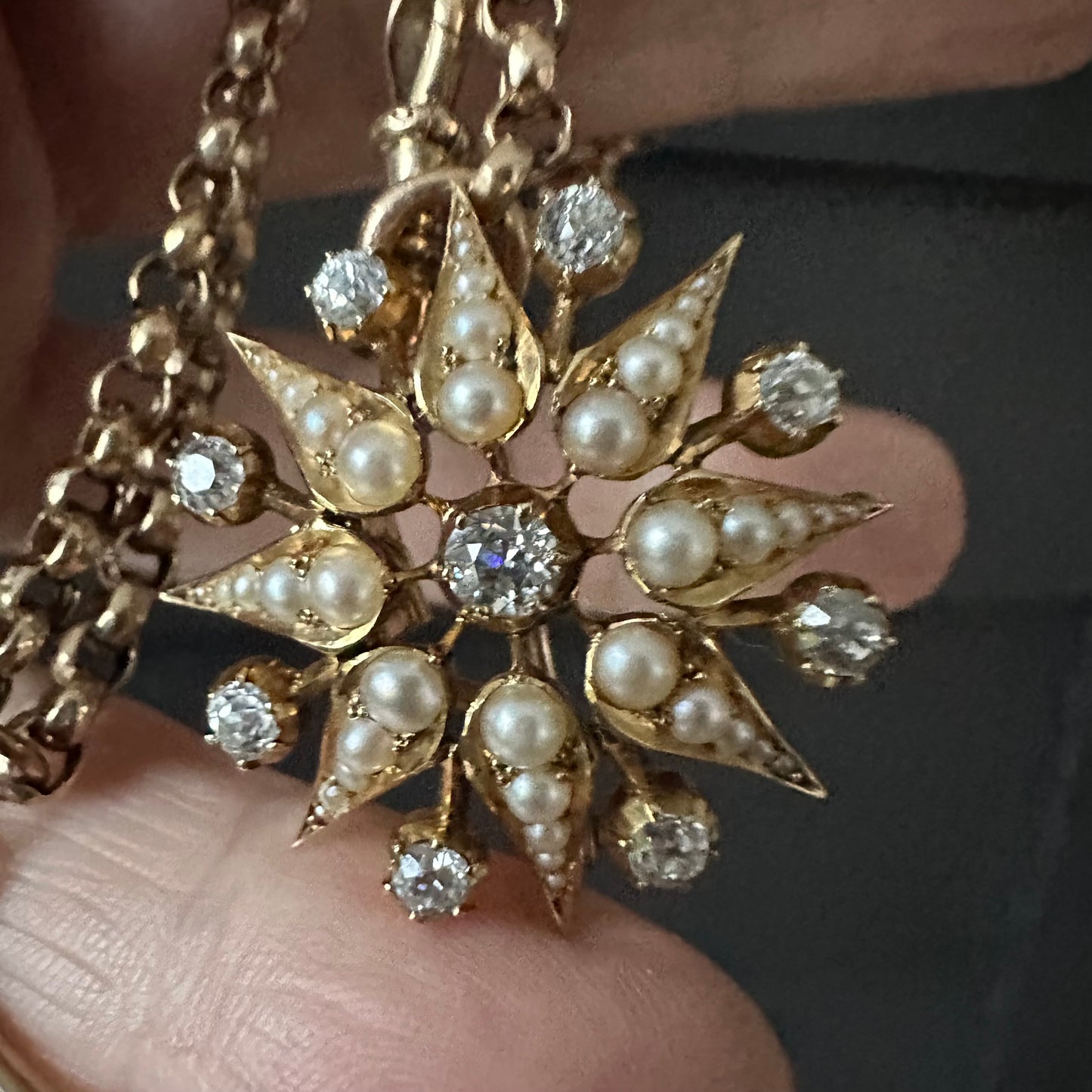 Antique Victorian Starburst Pendant Brooch | 15ct Gold with Natural Seed Pearls & Old Mine-Cut Diamonds | (2.5 cttw) with goose neck bale. Convertible Brooch & Pendant Circa 1880s