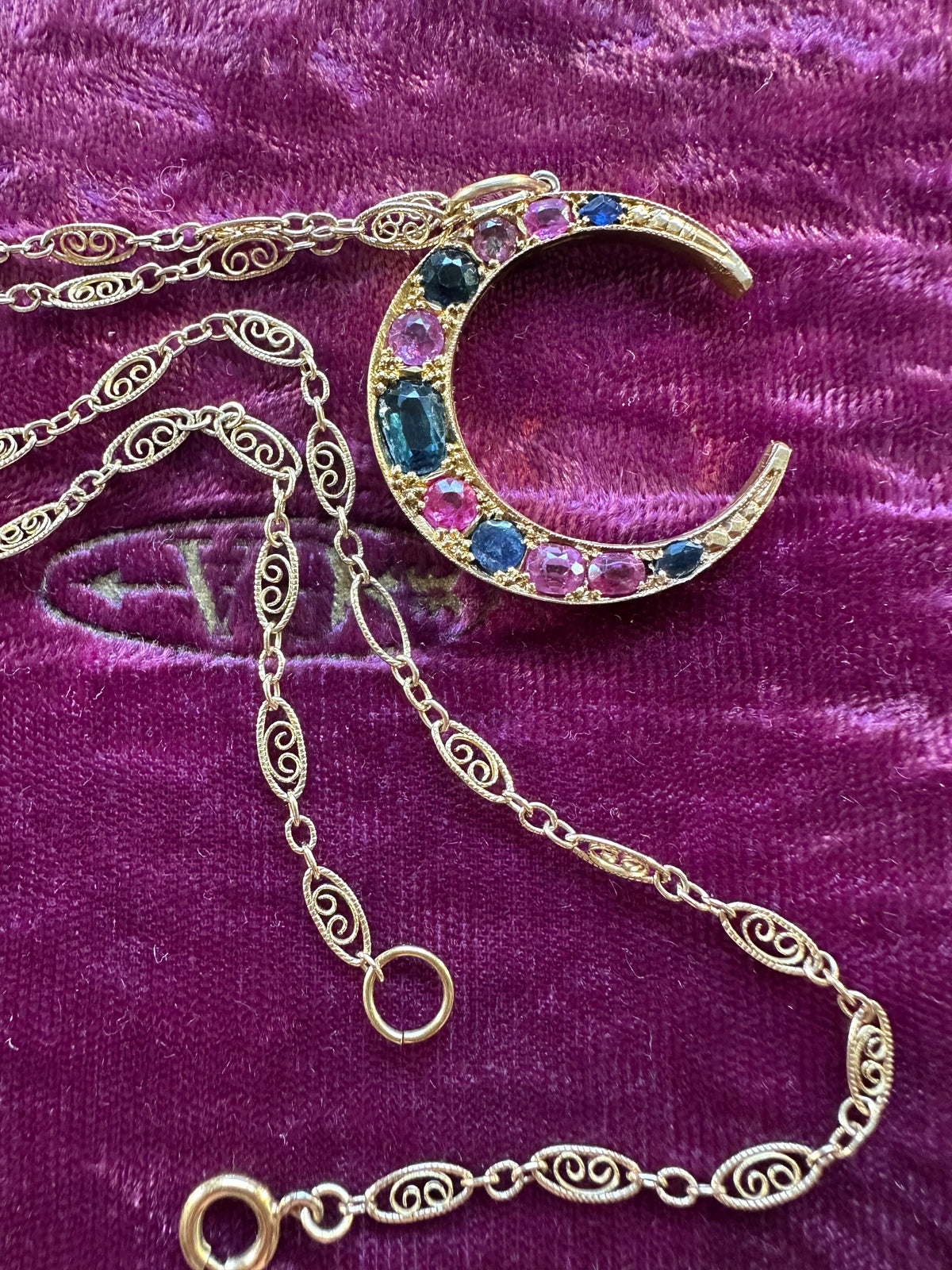 Victorian French 18k sapphire crescent pendant conversion