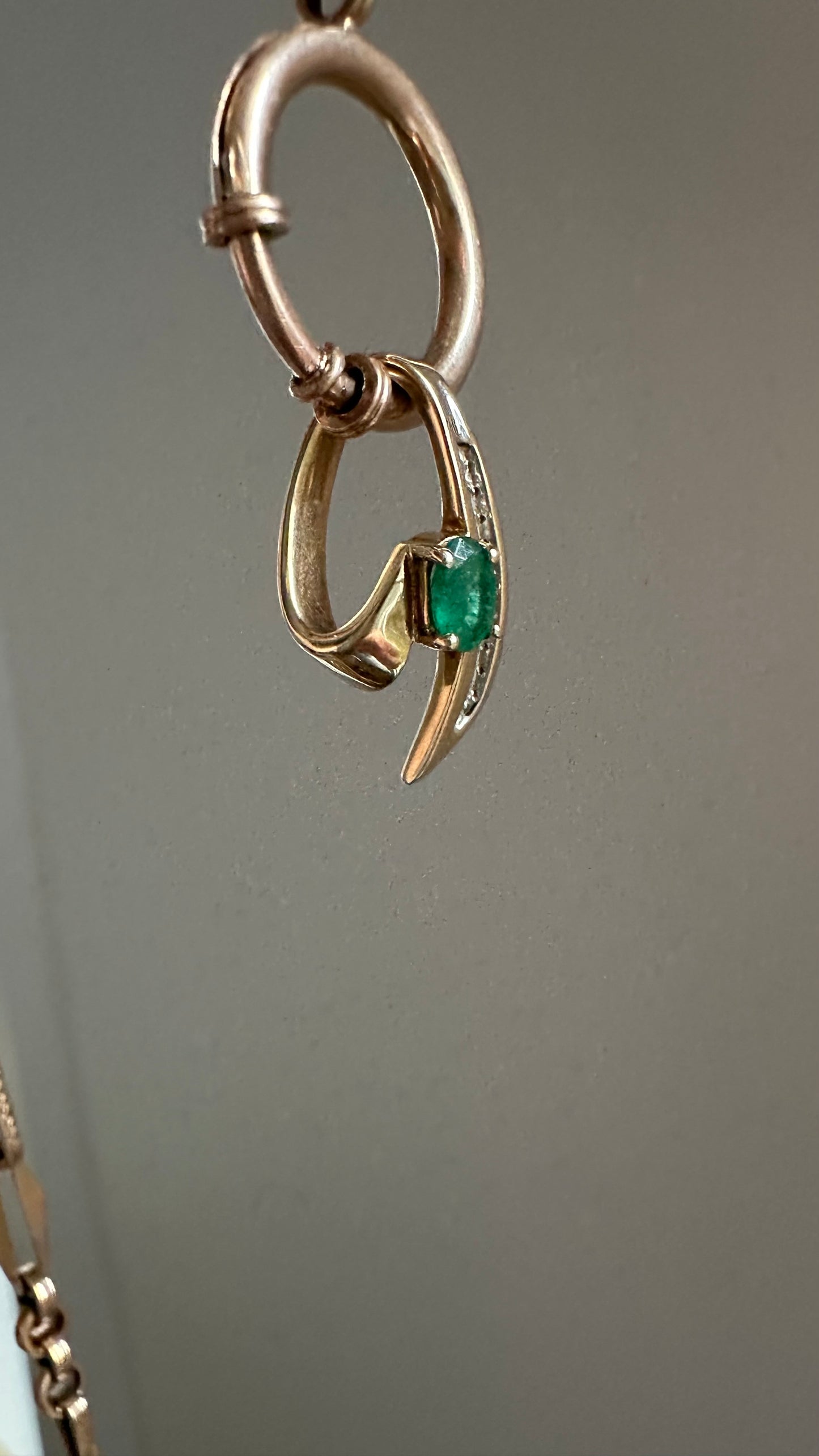Vintage 14 karat gold emerald, and diamond pendant necklace