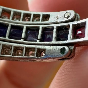 2. Art Deco Platinum Bypass Ring | Size 9 | Diamond, Sapphire & Ruby Calibre-Cut Band | Vintage Cocktail Ring