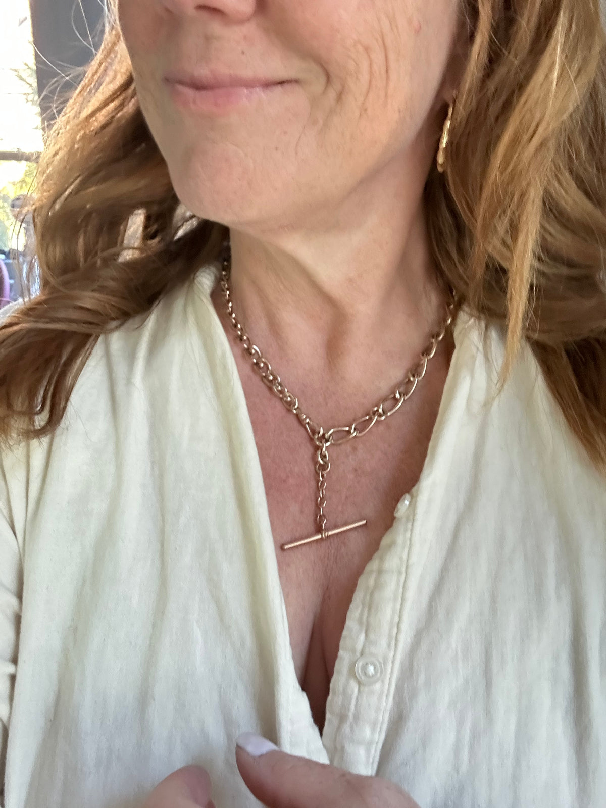Antique open curb and fancy 9k gold watchchain 19”necklace with T bar and two swivel dog clips 44.5