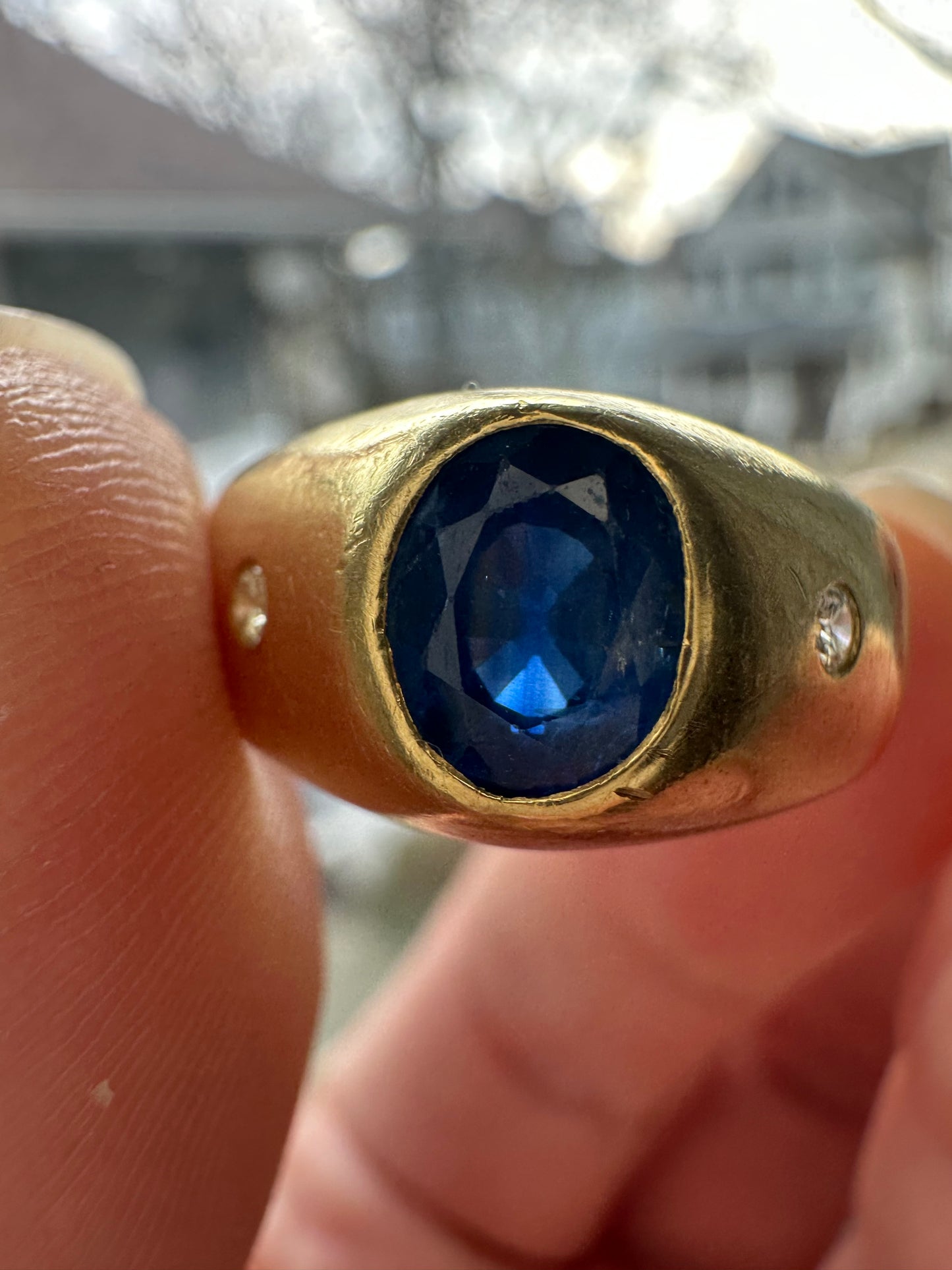 Vintage 18k flush mount gypsy style natural sapphire and diamond ring