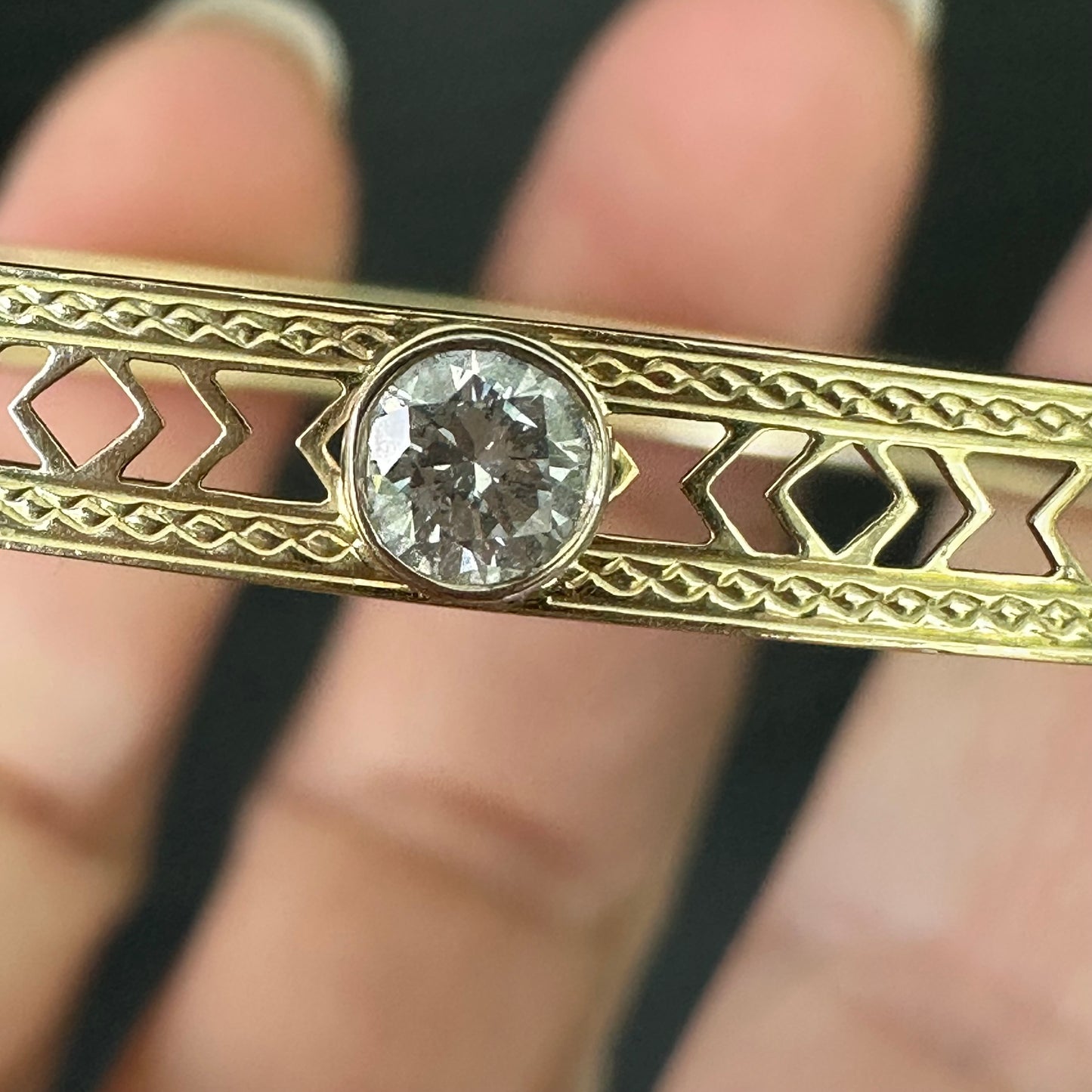 circa 1920 Art Deco Hand Engraved Gold Bezeled Diamond Bracelet