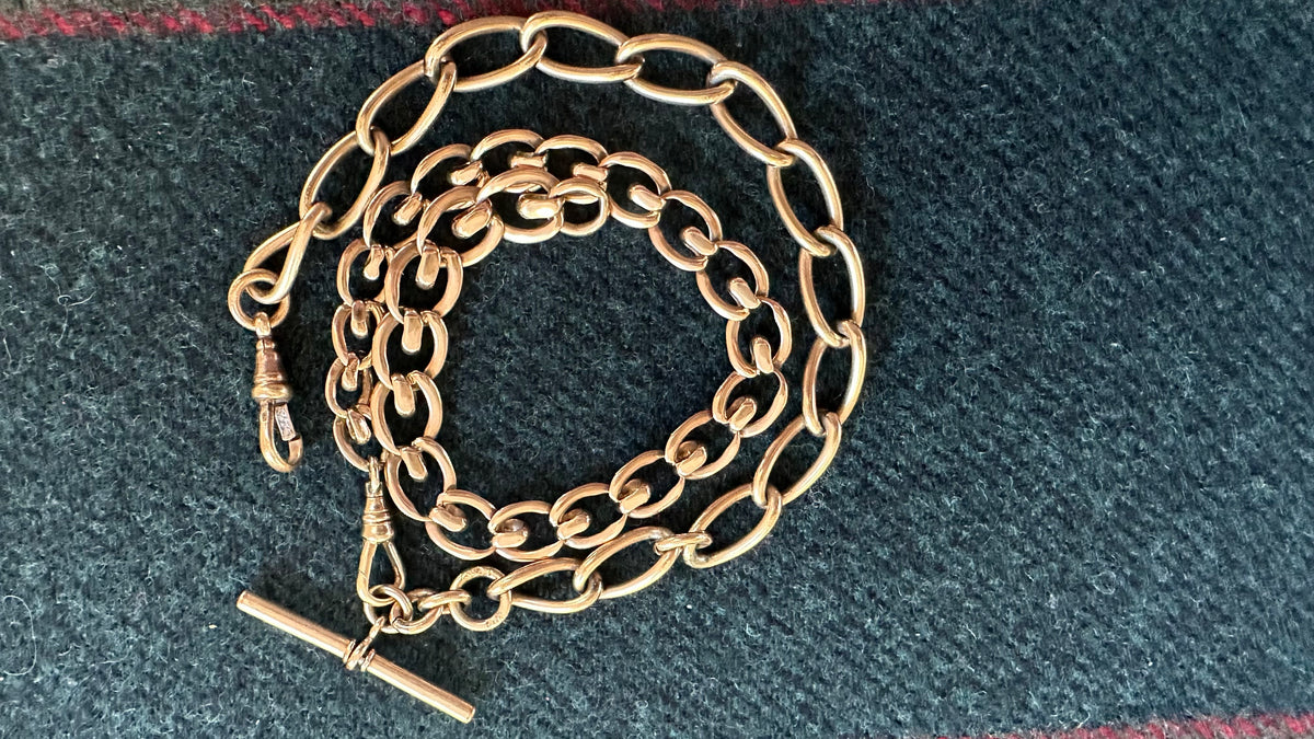 Antique open curb and fancy 9k gold watchchain 19”necklace with T bar and two swivel dog clips 44.5