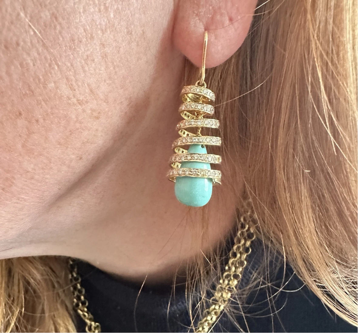 18K GOLD, TURQUOISE AND DIAMOND EARRINGS