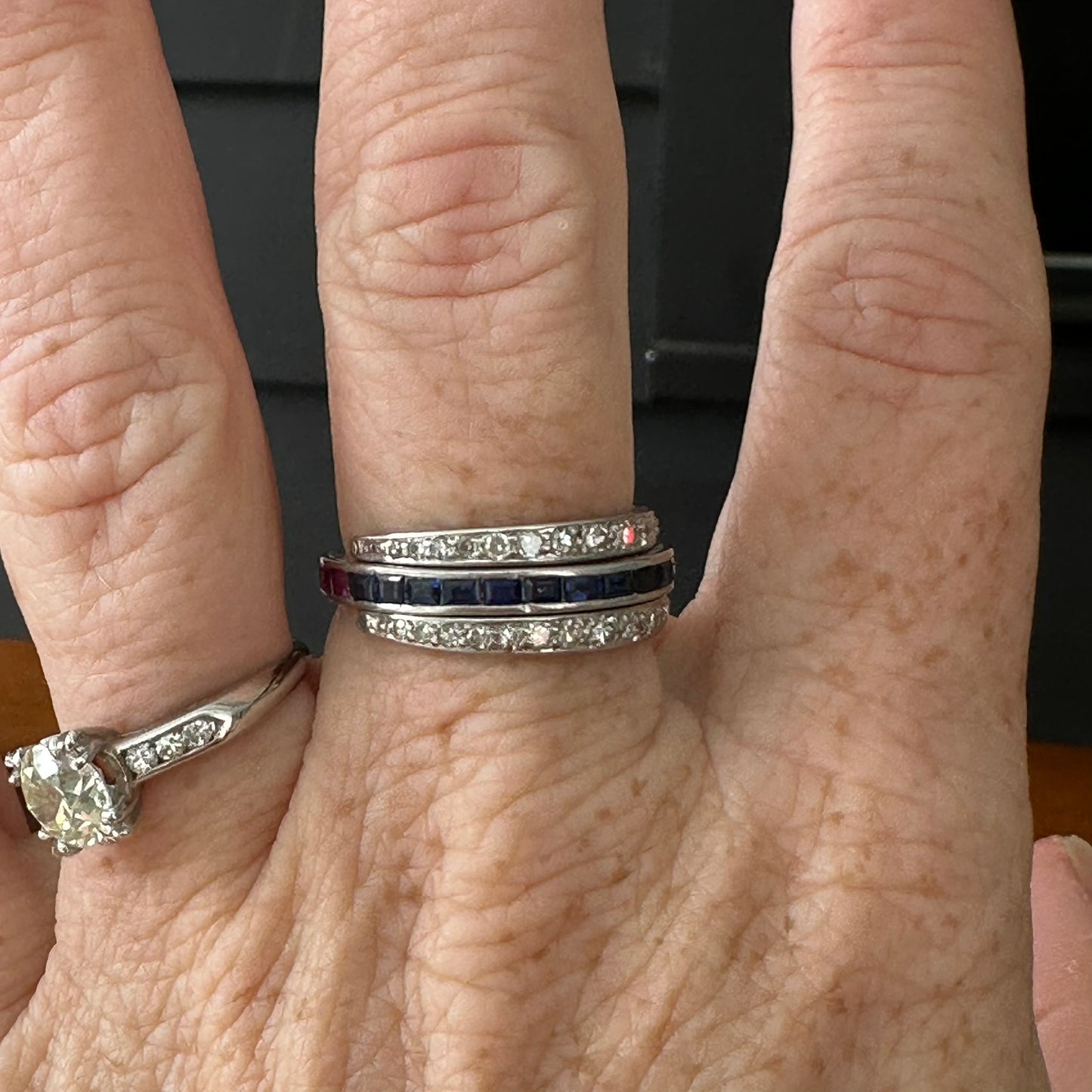 2. Art Deco Platinum Bypass Ring | Size 9 | Diamond, Sapphire & Ruby Calibre-Cut Band | Vintage Cocktail Ring