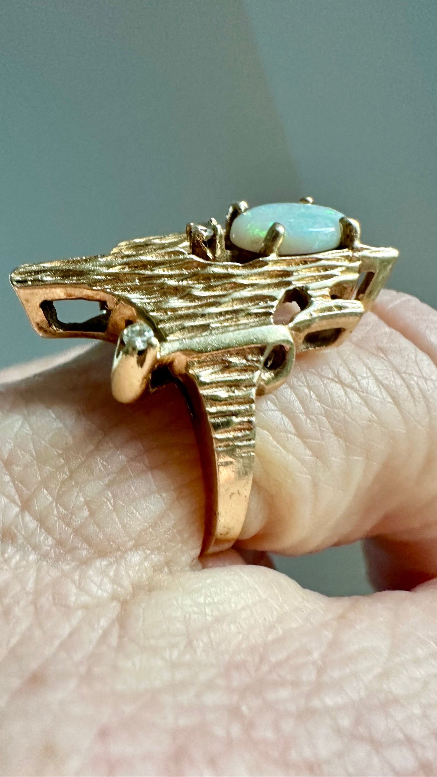 ✨ 14K Gold Opal & Diamond Brutalist Ring | Mid-Century Modern | Size 6