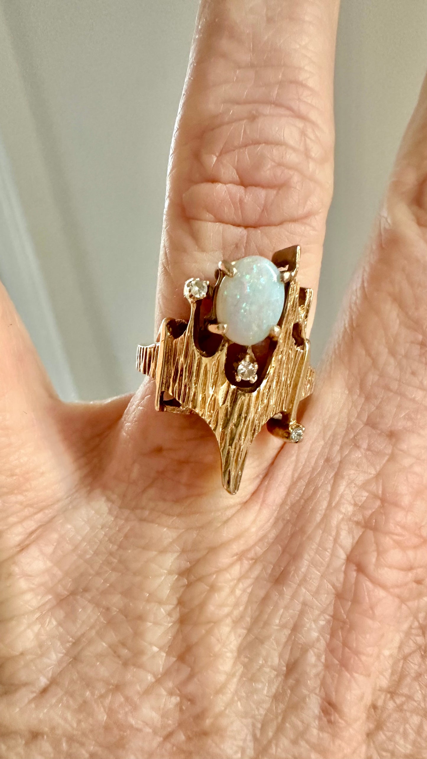 ✨ 14K Gold Opal & Diamond Brutalist Ring | Mid-Century Modern | Size 6