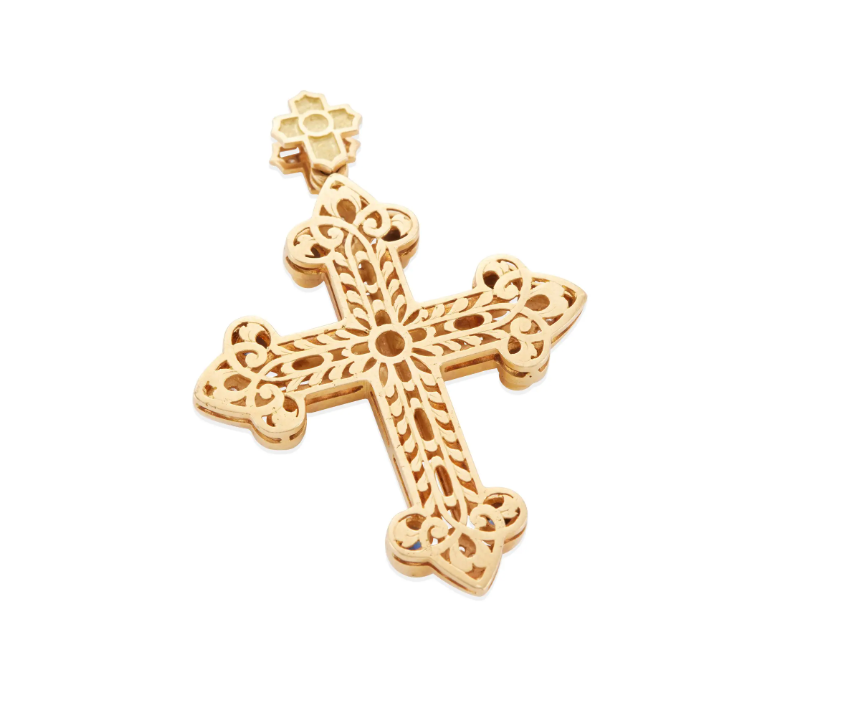 18K GOLD, SAPPHIRE, RUBY AND DIAMOND CROSS PENDANT