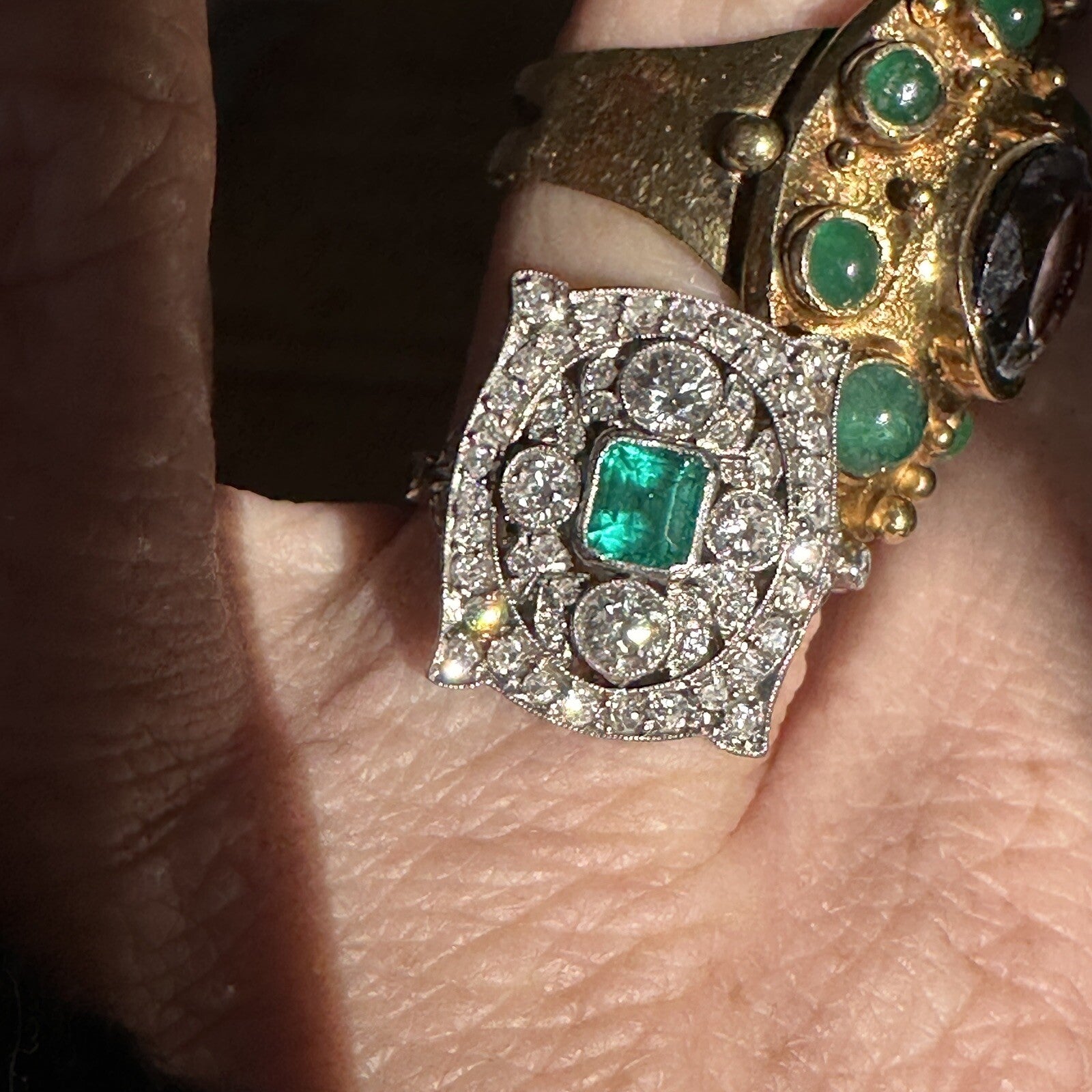 Antique Old Cut Diamond Emerald Shield Ring ( 2+ Cttw)