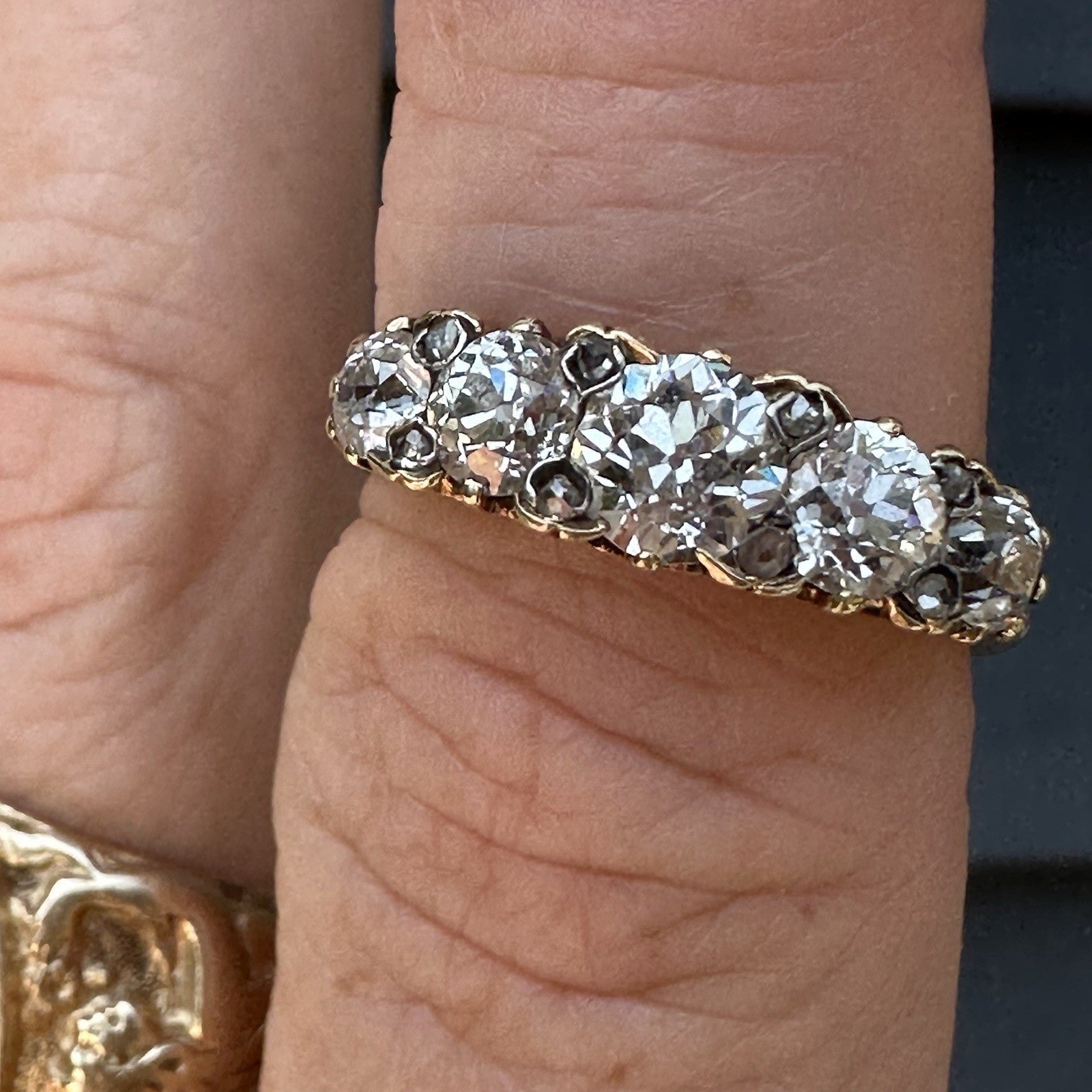 Victorian Old Cushion Cut 1.75 + Cttw  Hoop Ring ( Five Central Diamonds )