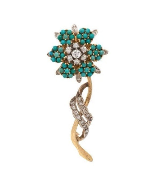 Victorian Antique Gold Turquoise Diamond Brooch