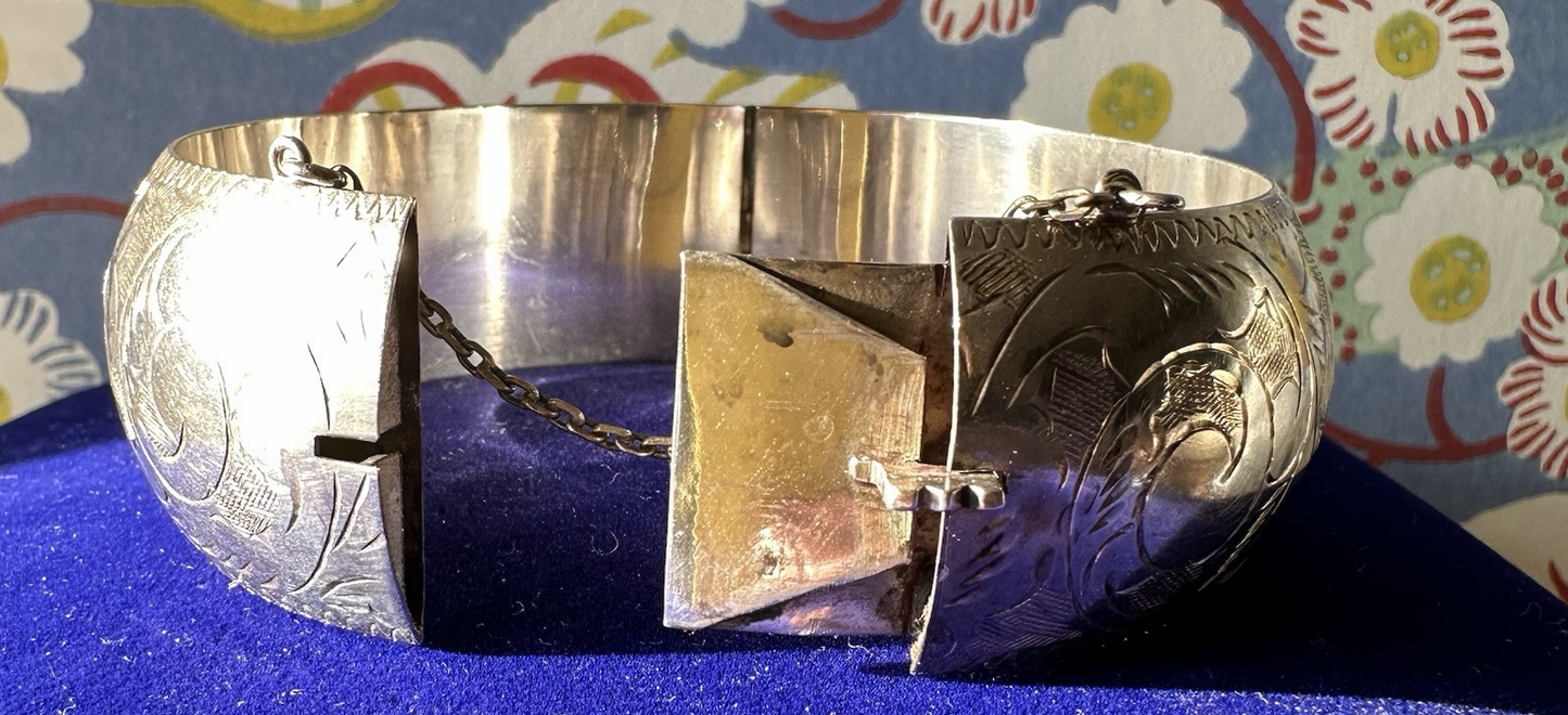 Antique Victorian Sterling Silver Engraved Scroll Wide Bangle Bracelet 58.8g