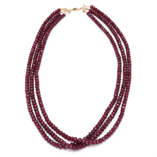 Three Strand Ruby 14k Gold Necklace 