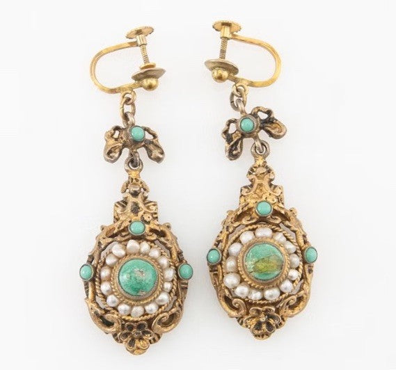 Antique Turquoise And Seed Pearl  Gilded Silver Dangle  Earrings