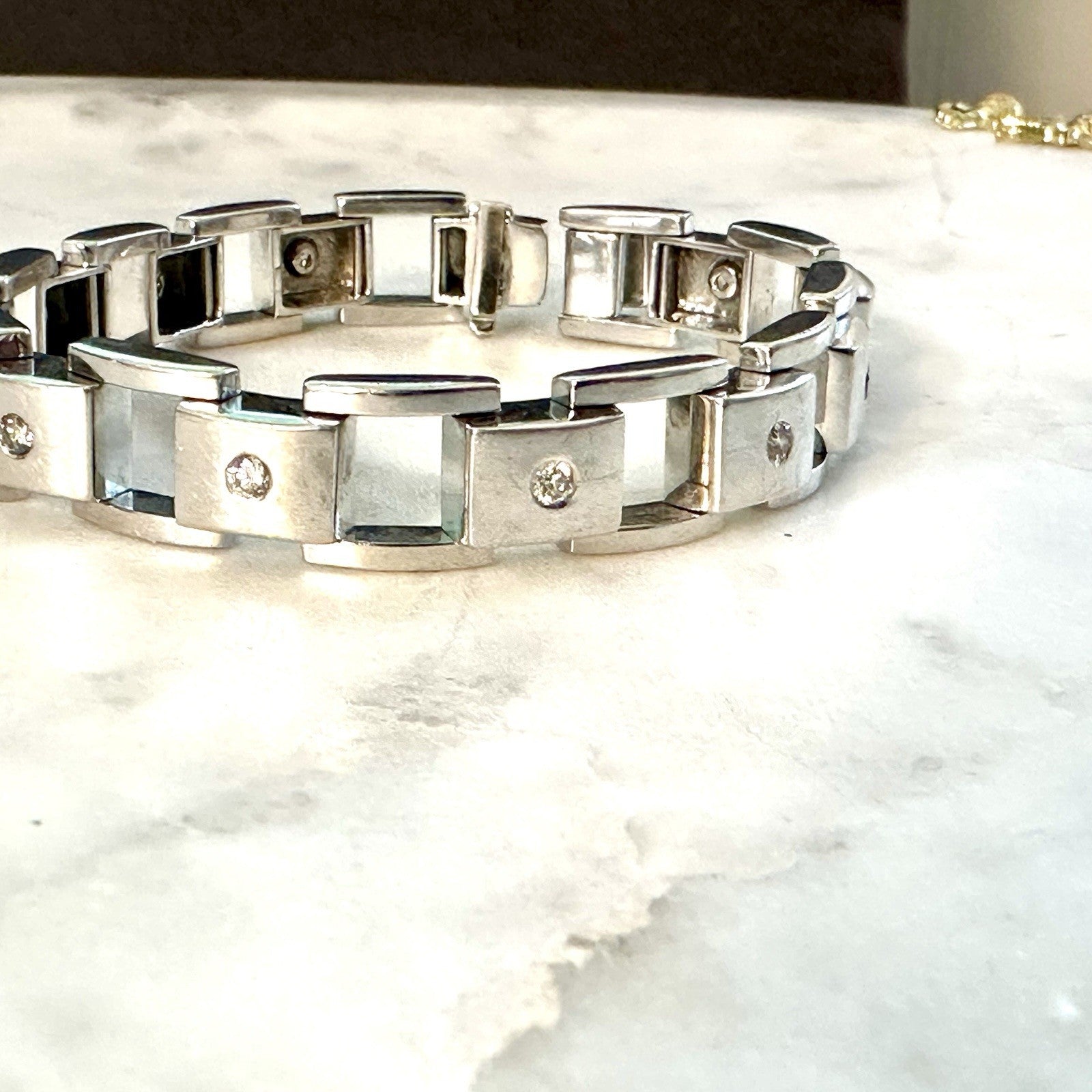 Vintage 8 inch 14 K white gold diamond tank bracelet