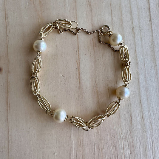 Vintage Retro  14k Gold  Link And Pearl Bracelet 12g