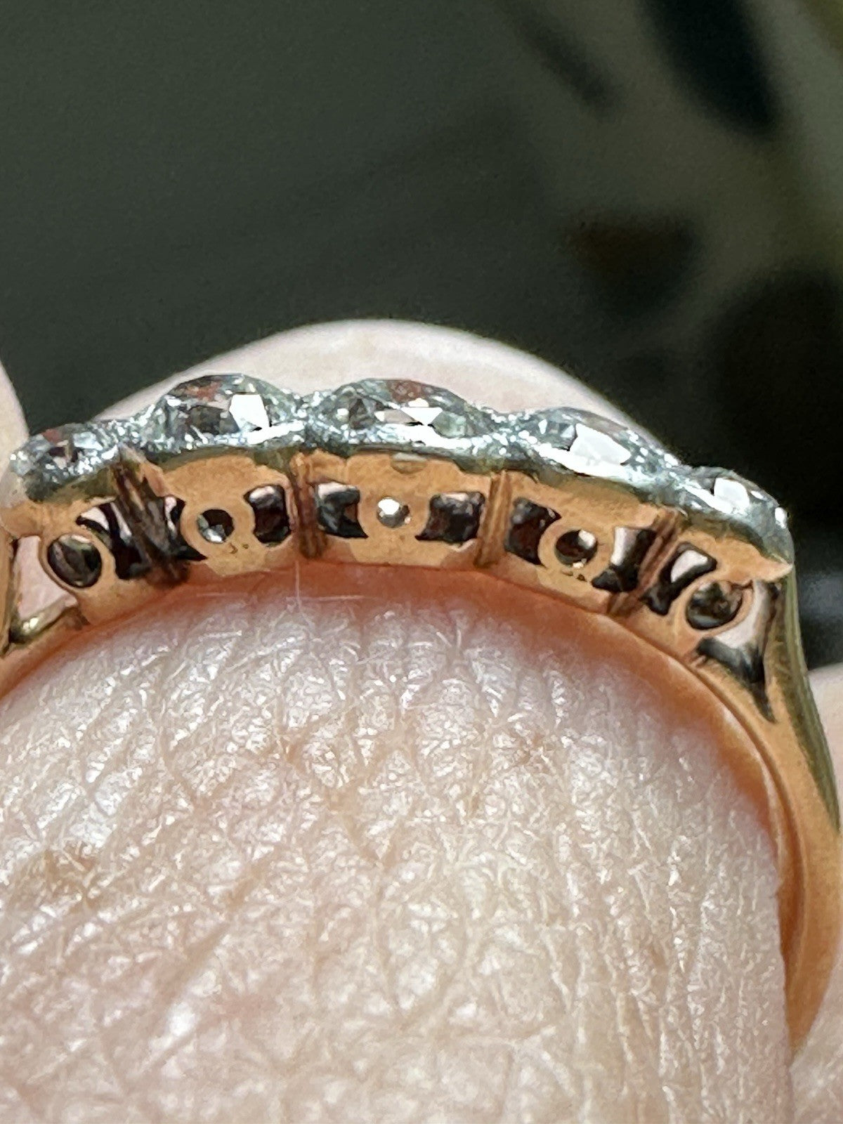 Antique old European and Old Cushion Cut 5 diamond Bezel Setting ring Size 6.5