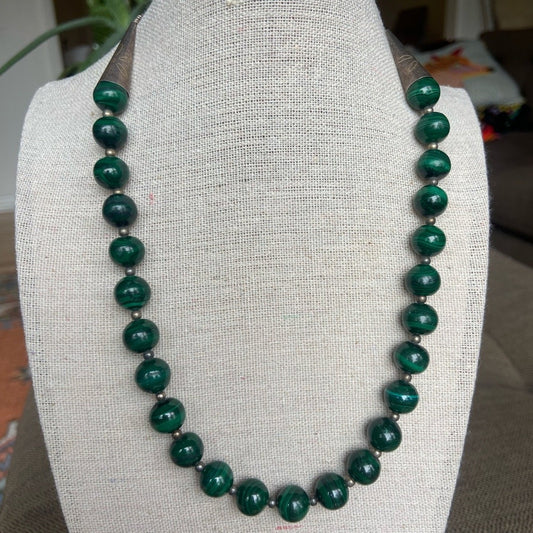 Malachite green stone beaded Necklace sterling silver clasp necklace 18 Inches