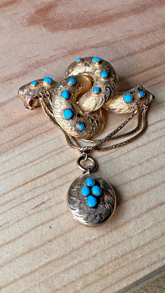 Victorian 14K Gold Turquoise Mourning Locket  Dangle