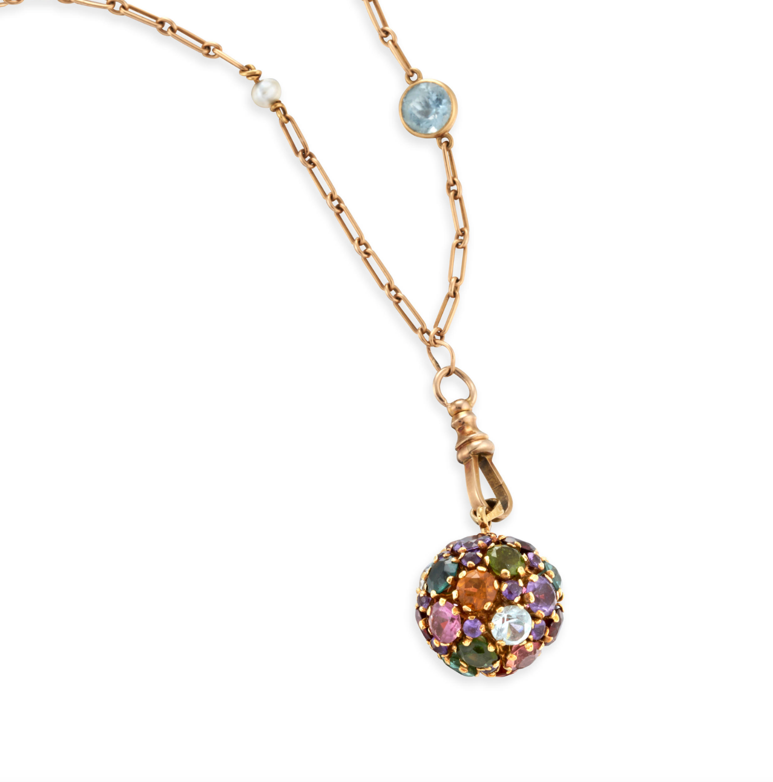Antique 14K Aquamarine & Pearl Trombone Station Watchchain w multi gemstone fob