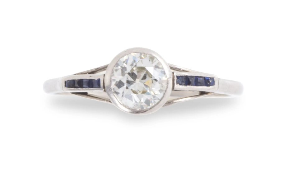 Art Deco Platinum Natural European Cut Diamond/Sapphire Ring 7.5