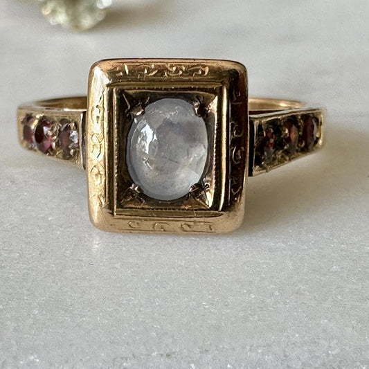 Antique Victorian 18K Gold Moonstone & Ruby  Ring (c.1890–1900)