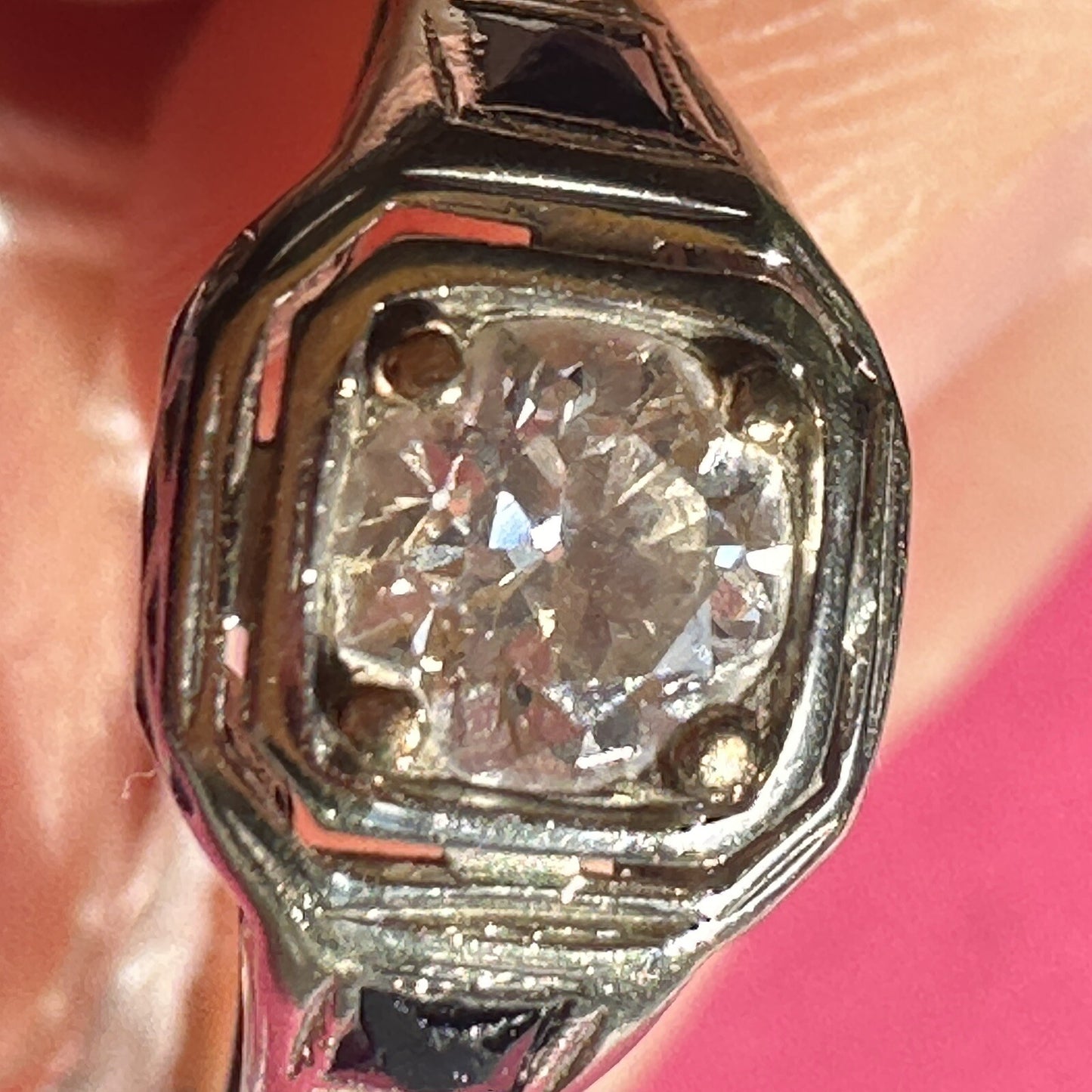 Antique 14K Gold .45ct Old European Cut Diamond & Lab Sapphire Art Deco Ring