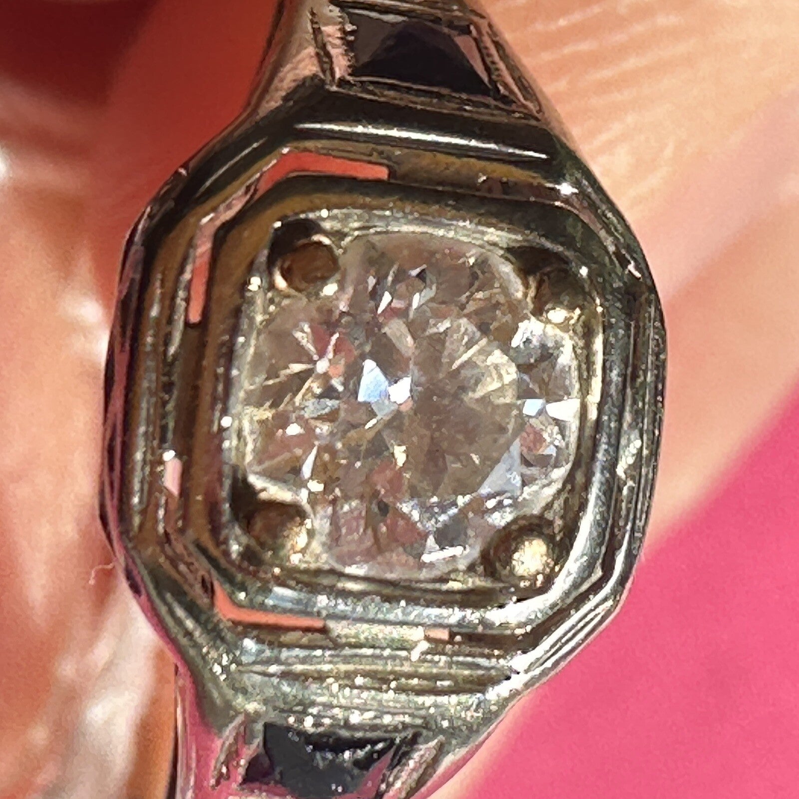 Antique 14K Gold .45ct Old European Cut Diamond & Lab Sapphire Art Deco Ring