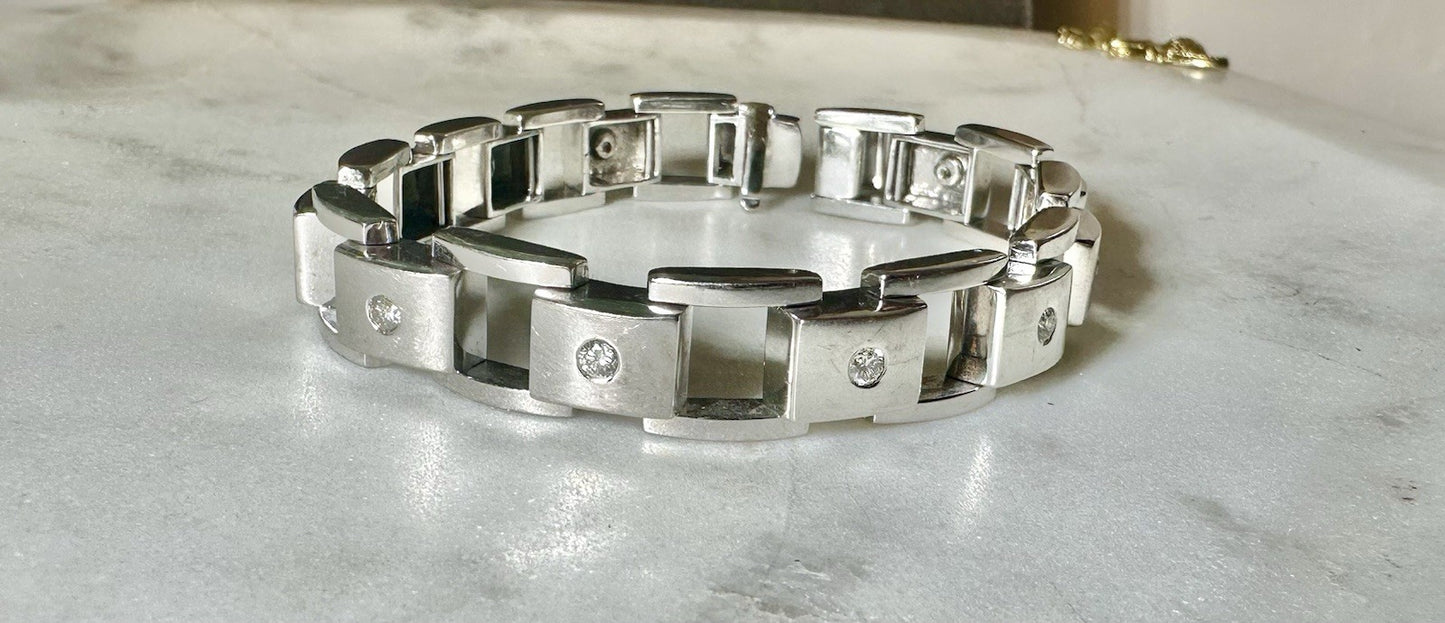 Vintage 8 inch 14 K white gold diamond tank bracelet