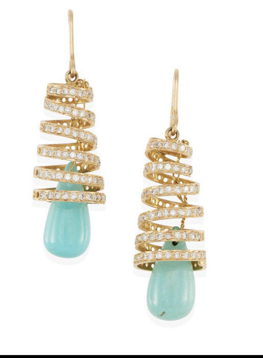 18K Gold , Turquoise And Diamond Dangle Earrings 1.75”