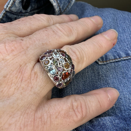 Vintage 14k  Dome Multi Gemstone Ring Size 8/  10.31 g