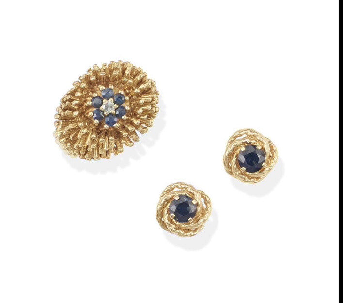 Vintage Sea Urchin Style  14kt Gold And Sapphire Ring And Earrings Set 12.3 G