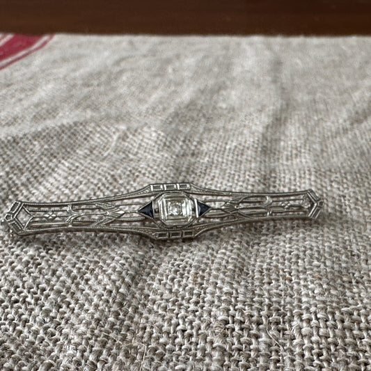 Antique 14k White Gold Art Deco Diamond Sapphire Brooch Pin