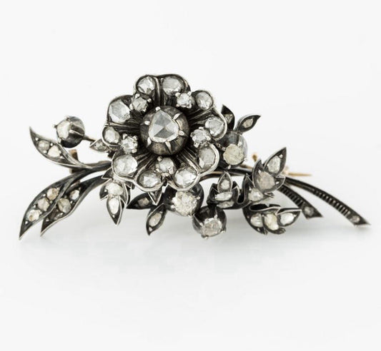 Antique Silver Topped Gold Diamond Floral Brooch