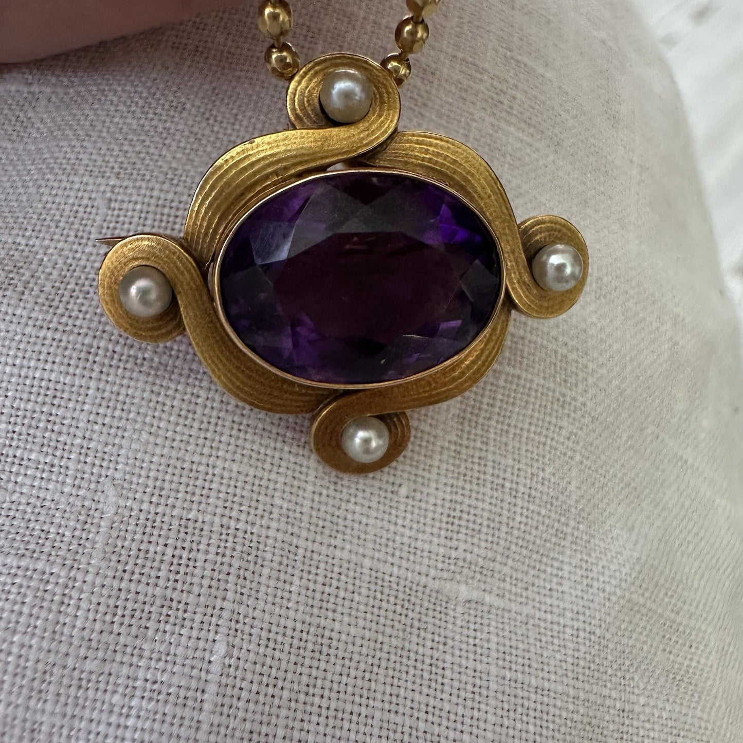 Whiteside and Blank 14k Gold Amethyst Ans Pearl Brooch Art Nouveau