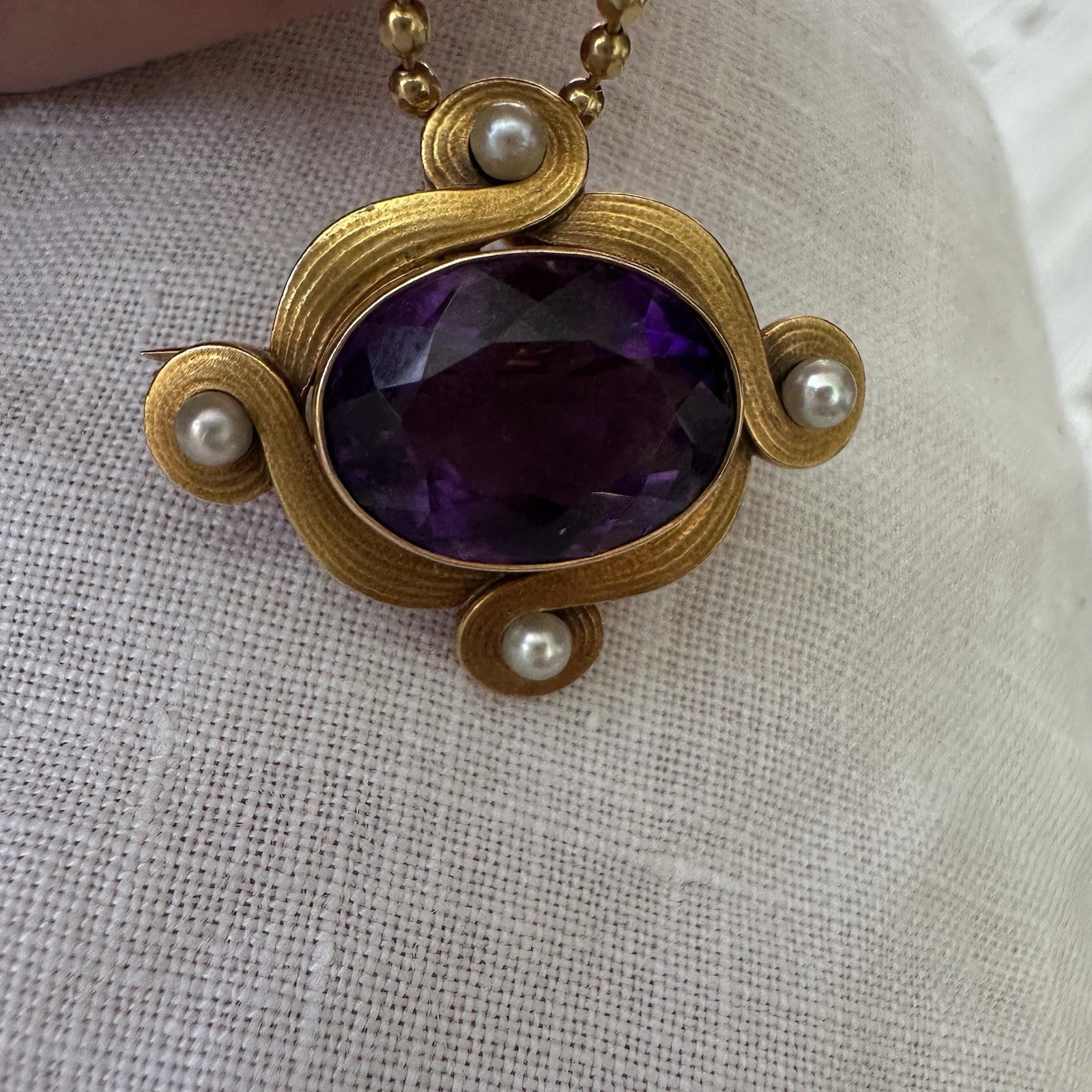Whiteside and Blank 14k Gold Amethyst Ans Pearl Brooch Art Nouveau