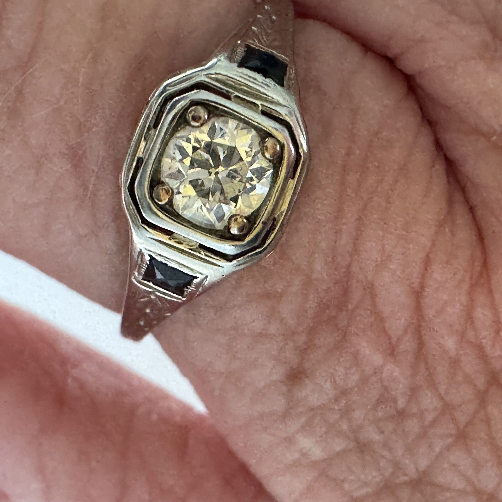 Antique 14K Gold .45ct Old European Cut Diamond & Lab Sapphire Art Deco Ring