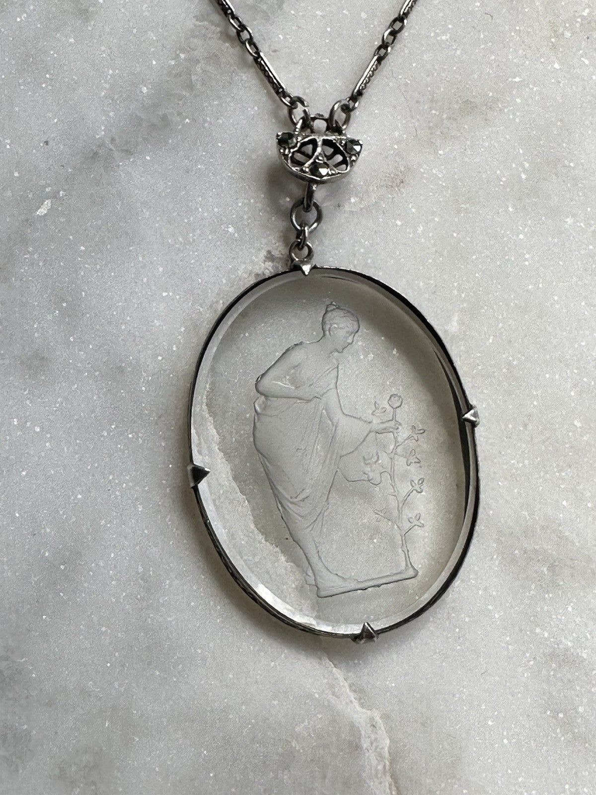 Neoclassical Cut Crystal Figural Pendant On Sterling Crystal Chain