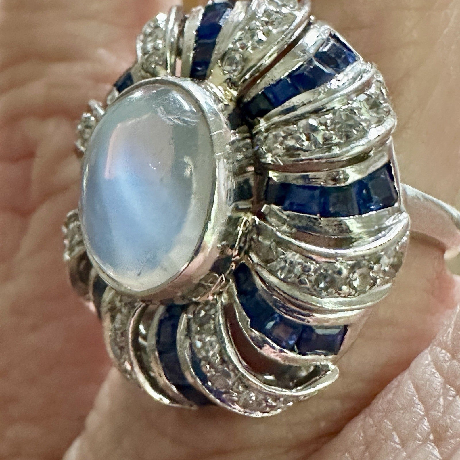 Art Deco Platnium Moonstone Diamond And Sapphire Ring 