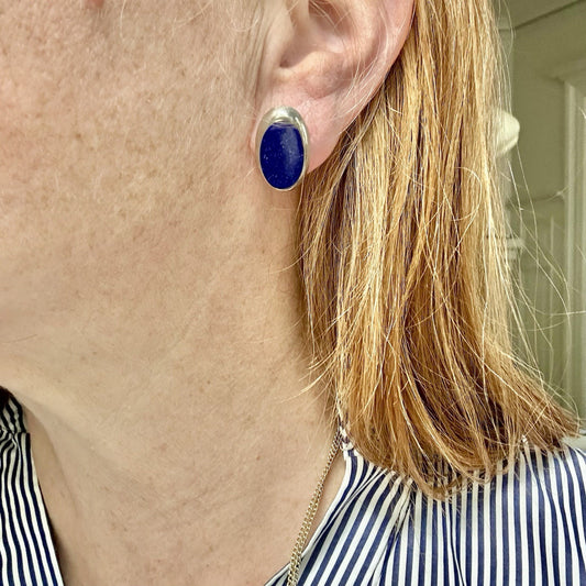 Lapis Sterling Silver Oval Earrings Very 1990’s French