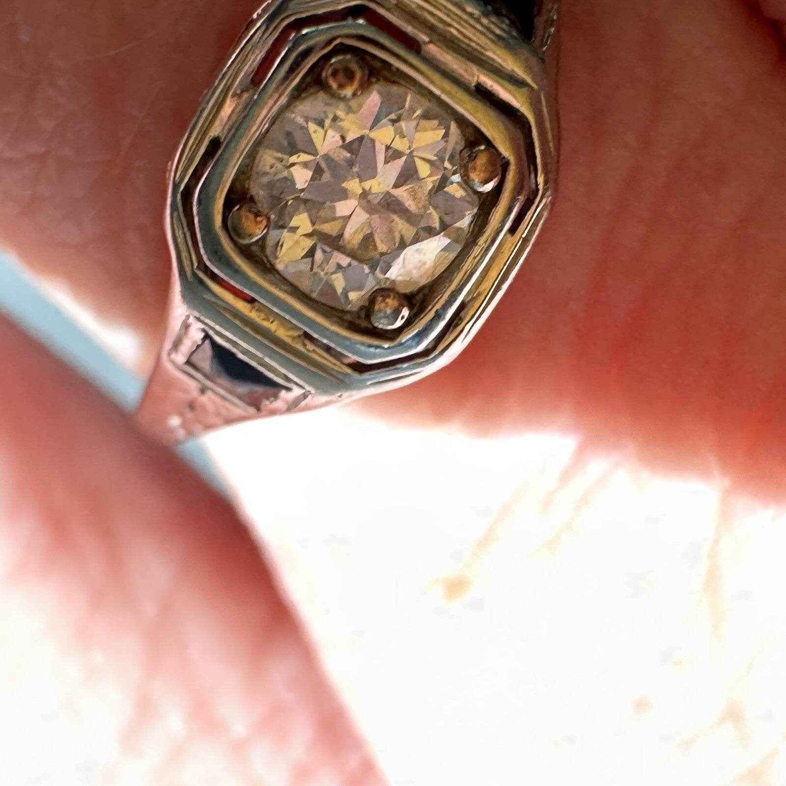 Antique 14K Gold .45ct Old European Cut Diamond & Lab Sapphire Art Deco Ring