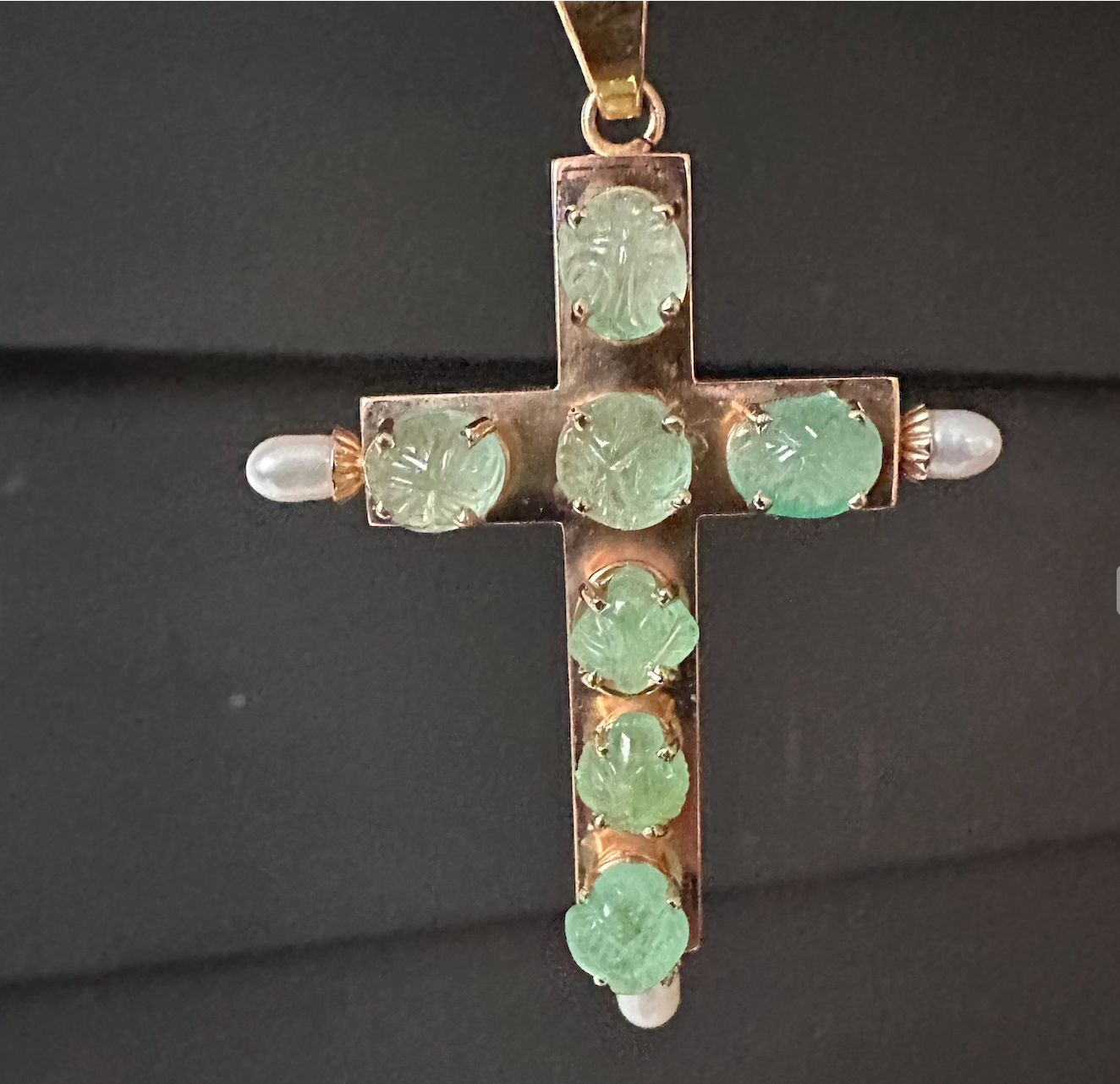 Vintage Italian Yellow 14k/ 18k Gold Emerald &Pearl Cross Pendant Good Sized!