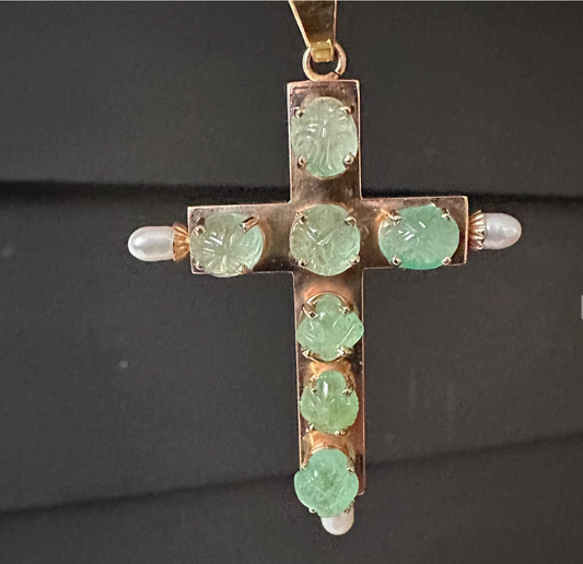 Vintage Italian Yellow 14k/ 18k Gold Emerald &Pearl Cross Pendant Good Sized!