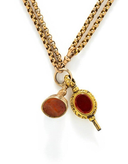 Gold Antique Belcher Chain And Carneilan, Bloodstone Watch Fobs 30” 47g