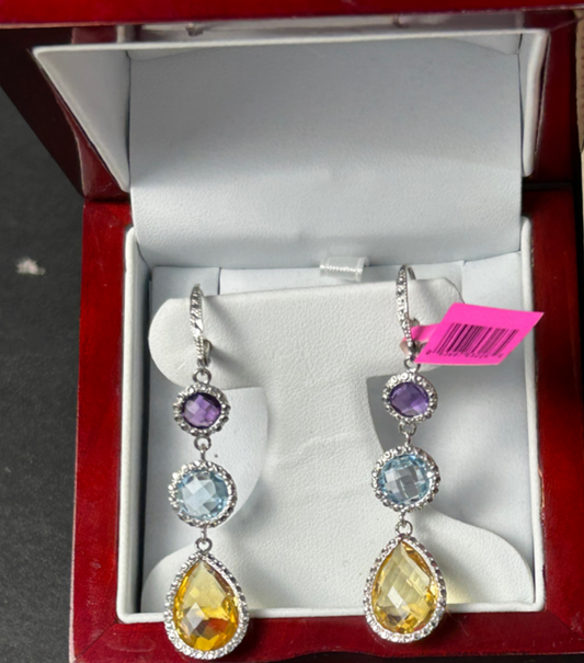 Multi Gemstone Silver Dangle Earrings